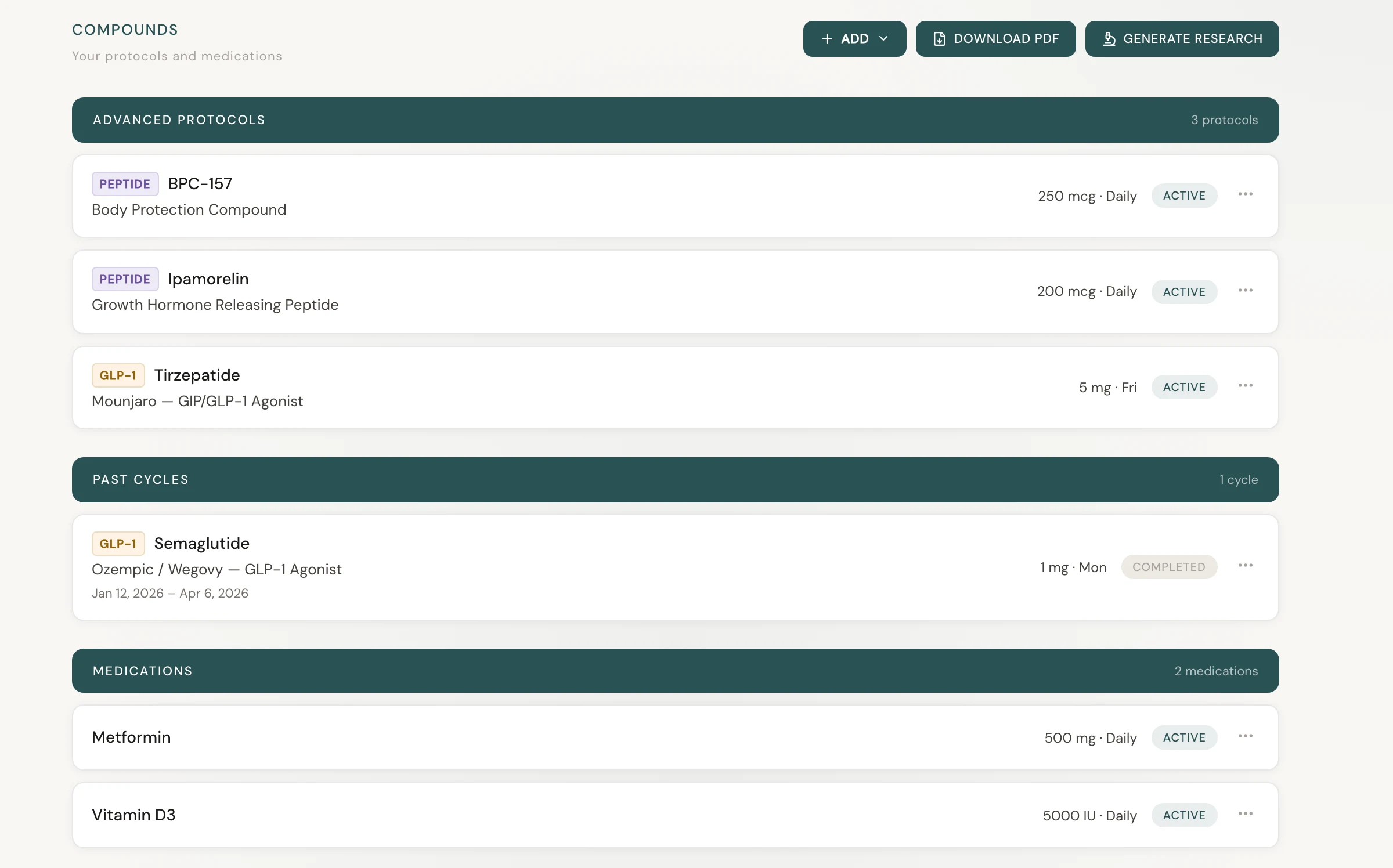 Omnis Body Compounds view listing active protocols with dose, frequency, and schedule.