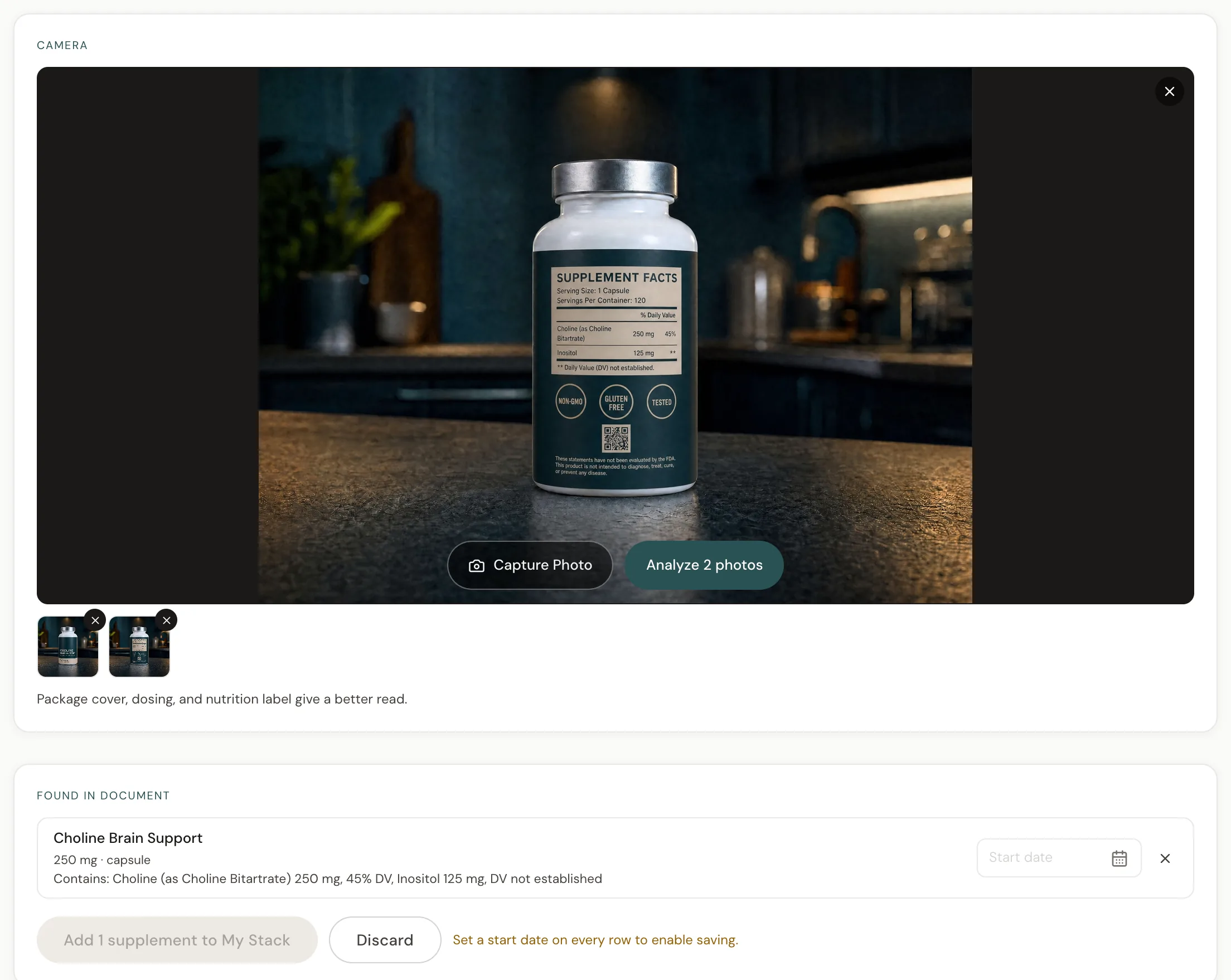Omnis Body Supplements intake: the camera viewfinder over a Choline Brain Support bottle's supplement facts label, two captured photos (front and back label) in the strip, then the extracted entry, 250 mg capsule with choline bitartrate and inositol, ready to add to the stack.
